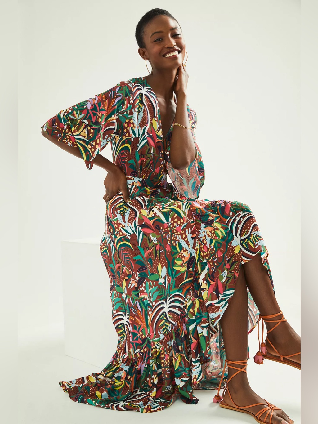 Nwt Farm Rio Fiesta Wrap Maxi Dress Boho Ruffle Jungle Animal Red Brown S Small